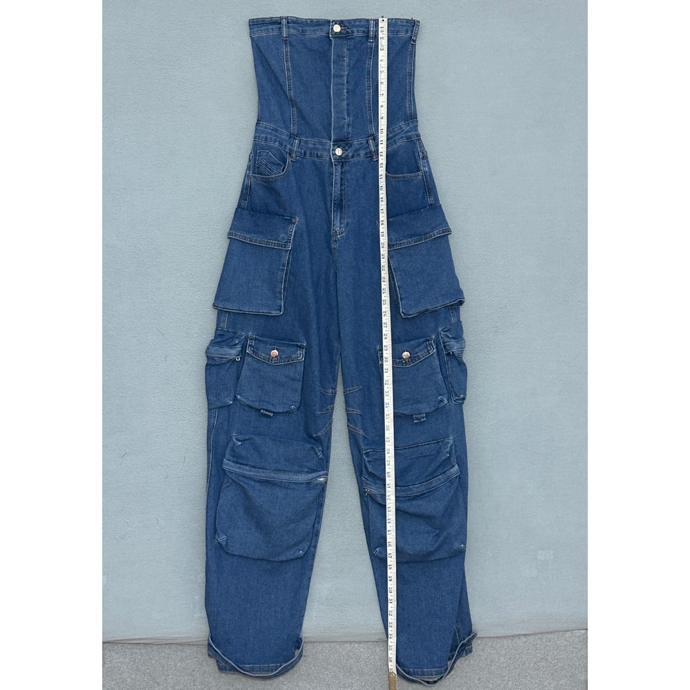 Hip Hop Womens Jumpsuit L Blue Denim Strapless‎ Cargo Pockets  Retro Streetwear - Picture 7 of 14